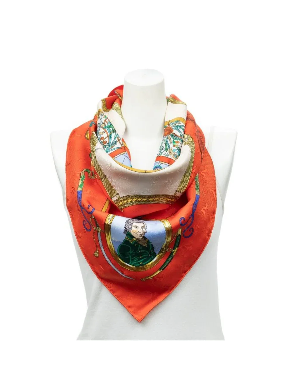 Hermes Scarf Red Gold Beige 100% Jacquard Silk